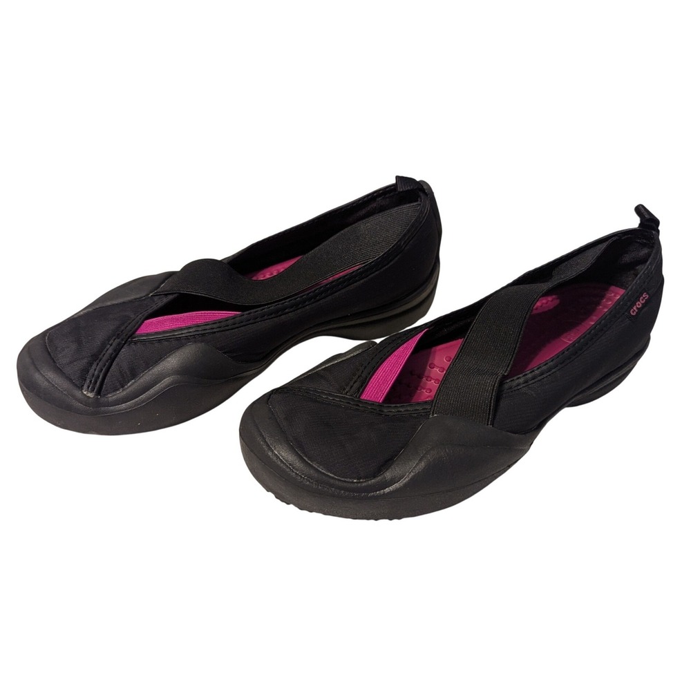 Crocs Molly Womens 9 Black Pink Elastic Strap Ballet Flats Sporty Slip On Shoes - Picture 4 of 7